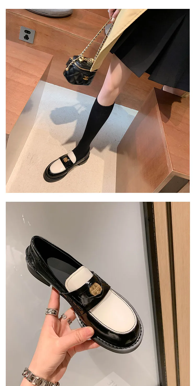 MKKHOU Fashion Loafers New High-Quality Leather Round Toe Color-Blocking Comfortable Low-heeled Women Shoes Daily Light Shoes