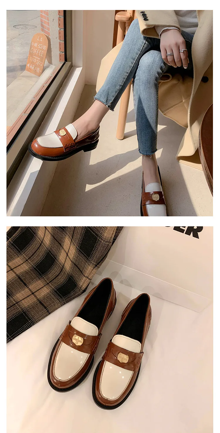 MKKHOU Fashion Loafers New High-Quality Leather Round Toe Color-Blocking Comfortable Low-heeled Women Shoes Daily Light Shoes