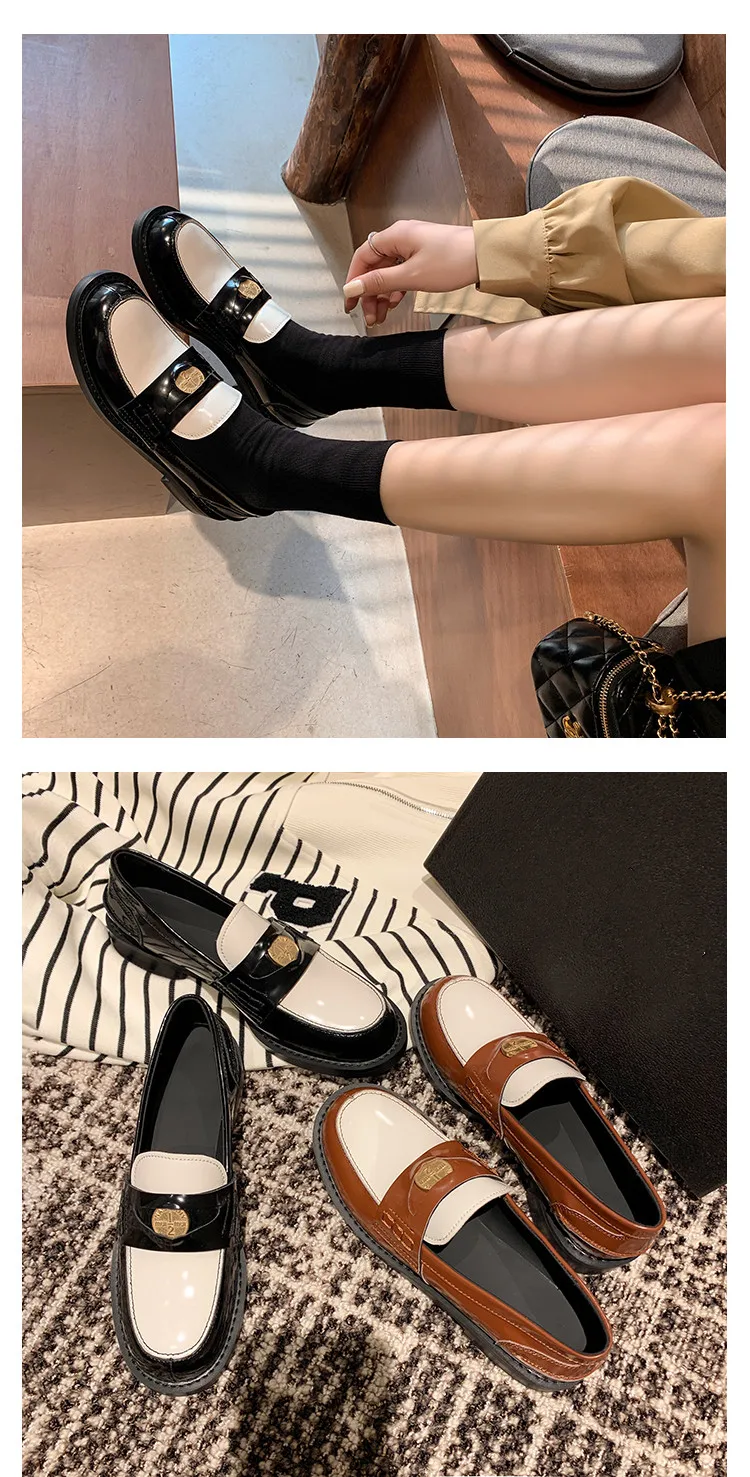 MKKHOU Fashion Loafers New High-Quality Leather Round Toe Color-Blocking Comfortable Low-heeled Women Shoes Daily Light Shoes