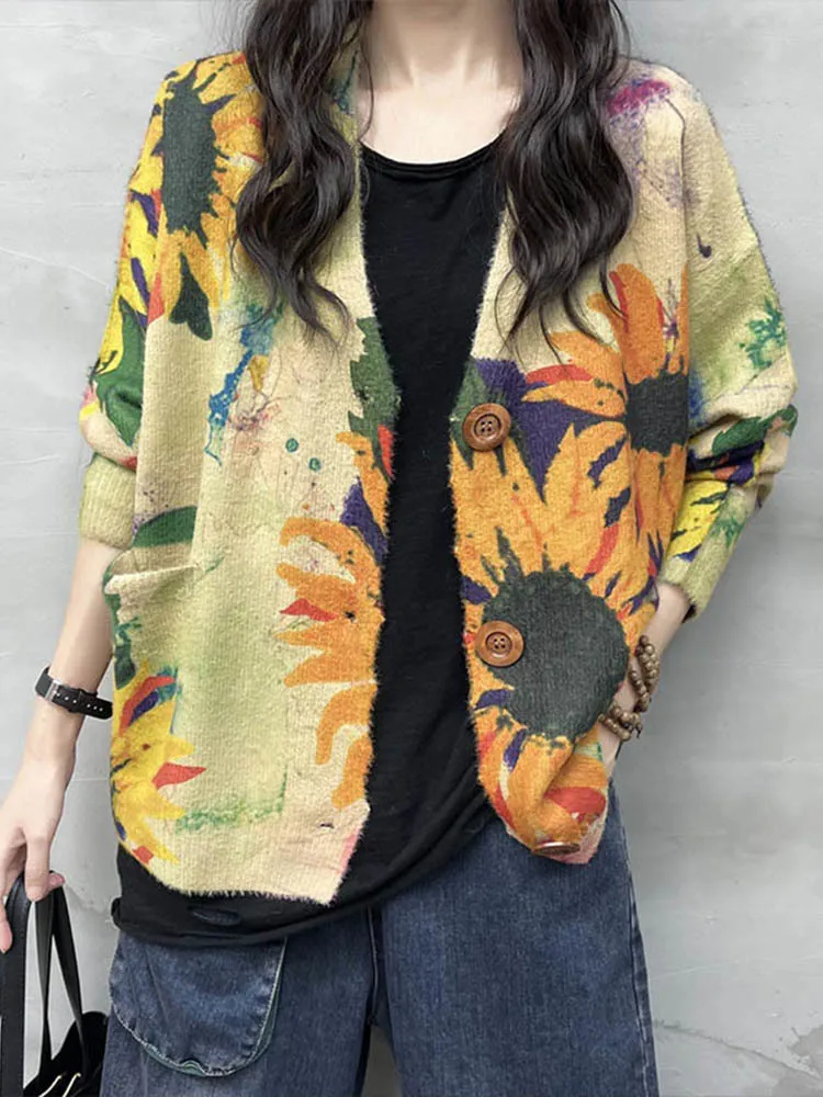 AmaxluluE Winter Fashion Knitted Clothes 2025 Women Loose Printed Warm Sweaters Ladies Harajuku Knitwear Casual Floral Cardigans