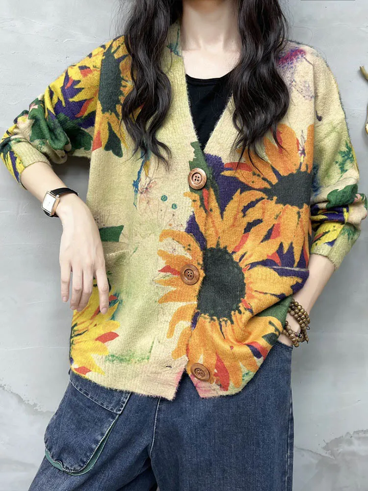 AmaxluluE Winter Fashion Knitted Clothes 2025 Women Loose Printed Warm Sweaters Ladies Harajuku Knitwear Casual Floral Cardigans