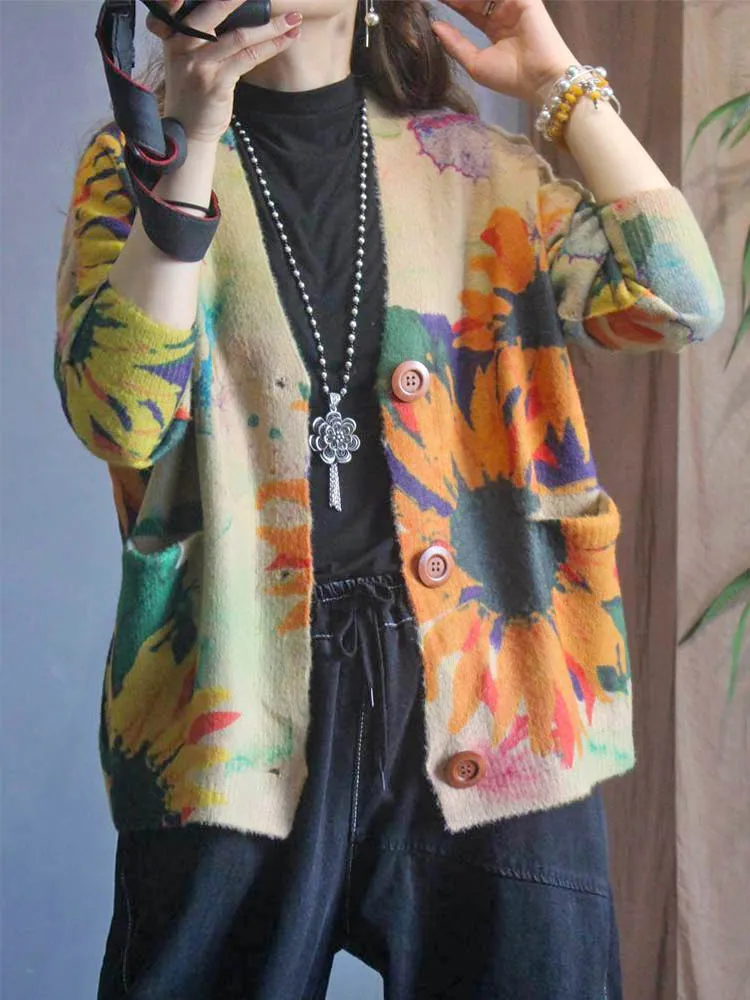 AmaxluluE Winter Fashion Knitted Clothes 2025 Women Loose Printed Warm Sweaters Ladies Harajuku Knitwear Casual Floral Cardigans