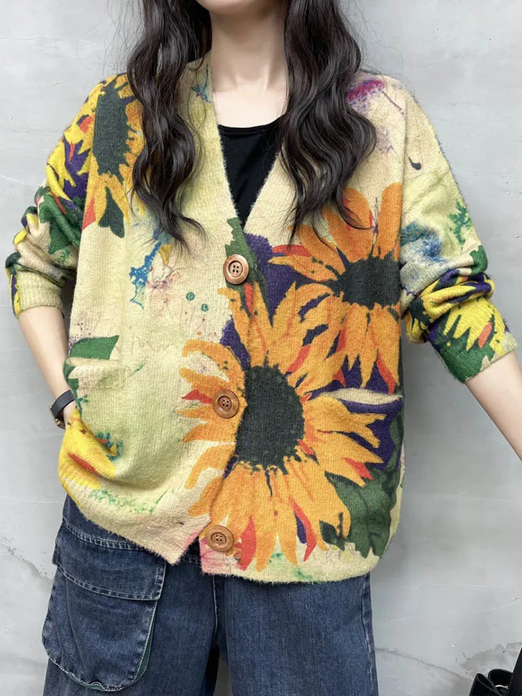 AmaxluluE Winter Fashion Knitted Clothes 2025 Women Loose Printed Warm Sweaters Ladies Harajuku Knitwear Casual Floral Cardigans