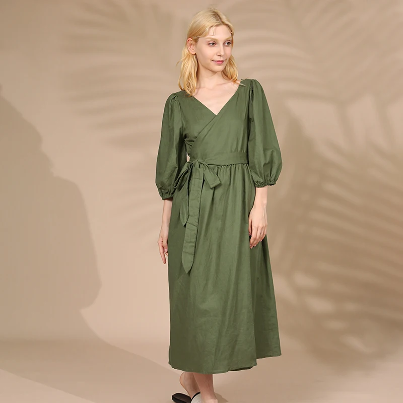 Elegant Cotton Linen Women's Dress Sexy V-Neck Puff Sleeve Bandage Holiday Party Dresses With Sashes Retro Sundress