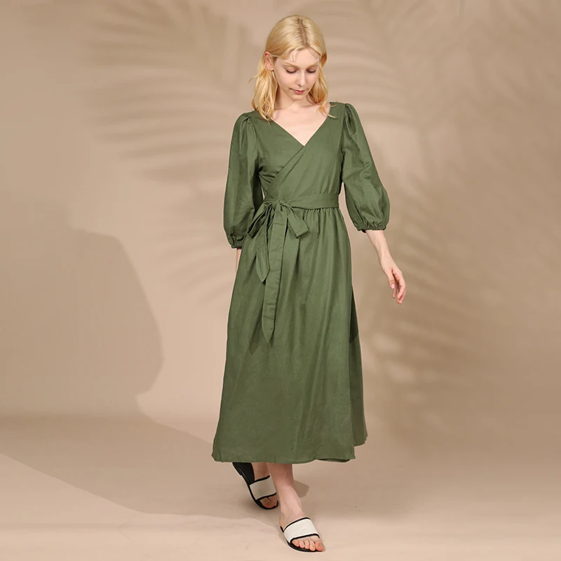 Elegant Cotton Linen Women's Dress Sexy V-Neck Puff Sleeve Bandage Holiday Party Dresses With Sashes Retro Sundress