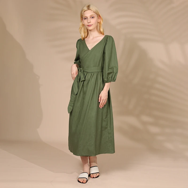 Elegant Cotton Linen Women's Dress Sexy V-Neck Puff Sleeve Bandage Holiday Party Dresses With Sashes Retro Sundress