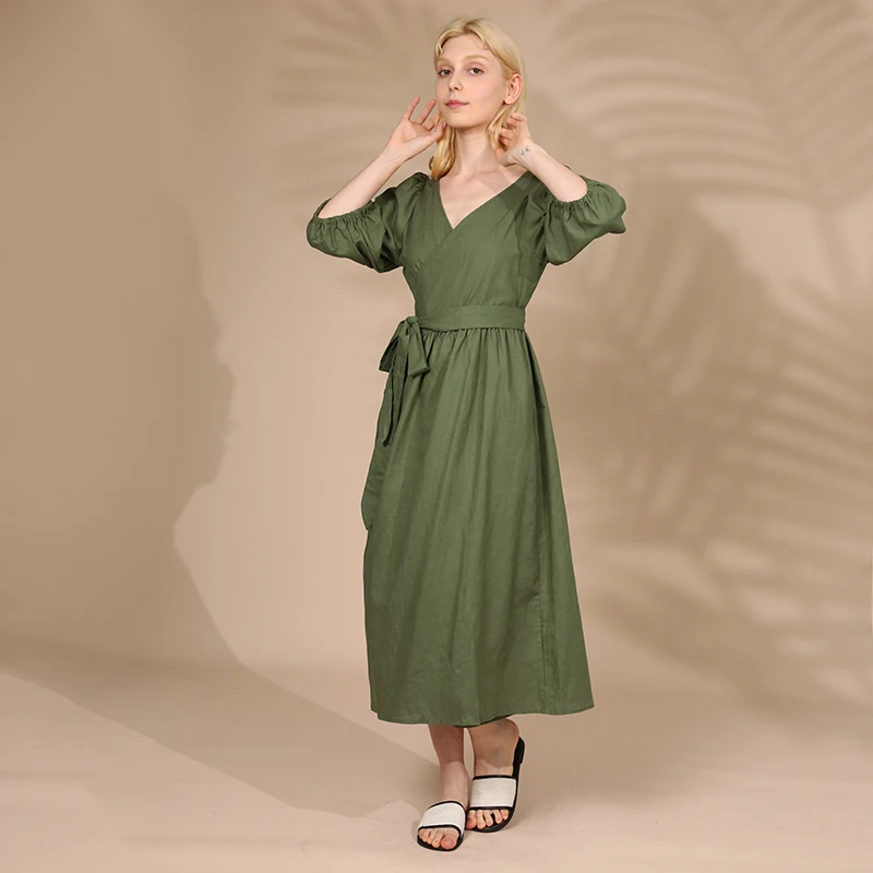 Elegant Cotton Linen Women's Dress Sexy V-Neck Puff Sleeve Bandage Holiday Party Dresses With Sashes Retro Sundress