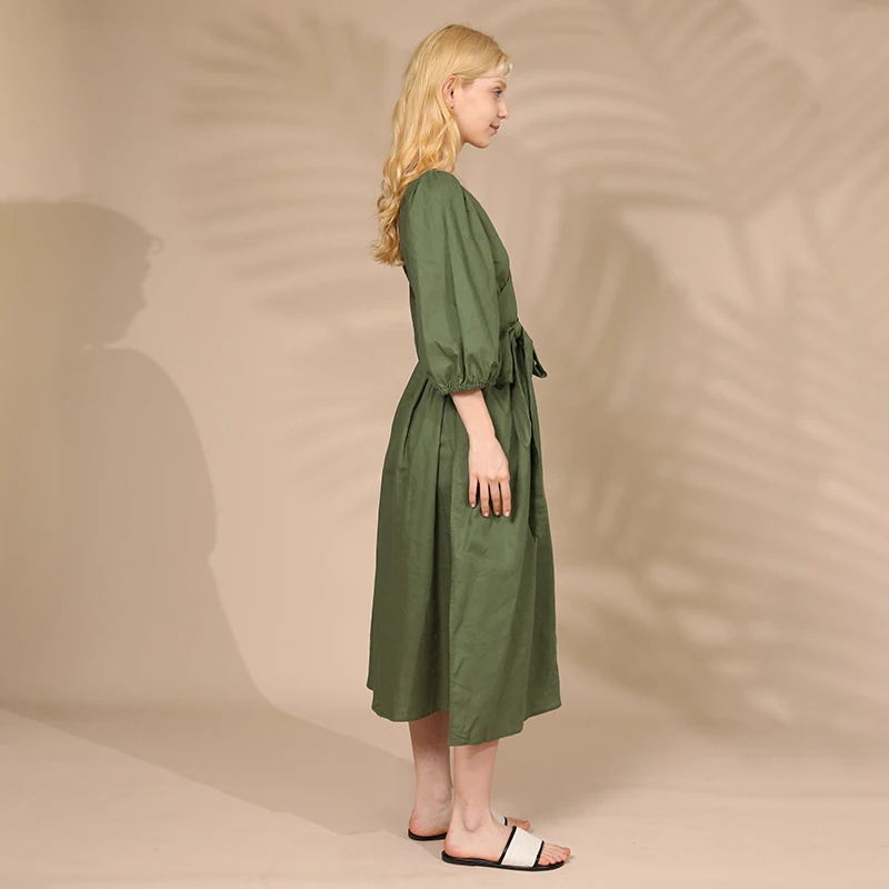Elegant Cotton Linen Women's Dress Sexy V-Neck Puff Sleeve Bandage Holiday Party Dresses With Sashes Retro Sundress