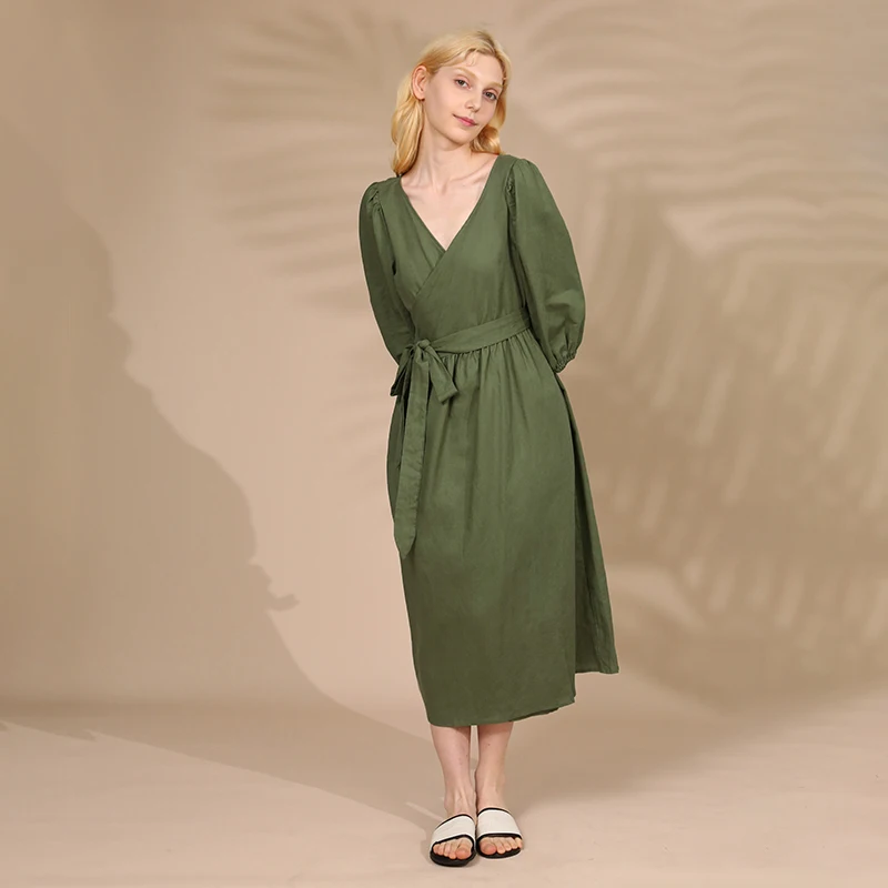 Elegant Cotton Linen Women's Dress Sexy V-Neck Puff Sleeve Bandage Holiday Party Dresses With Sashes Retro Sundress