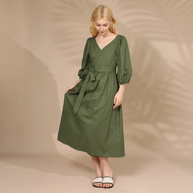 Elegant Cotton Linen Women's Dress Sexy V-Neck Puff Sleeve Bandage Holiday Party Dresses With Sashes Retro Sundress