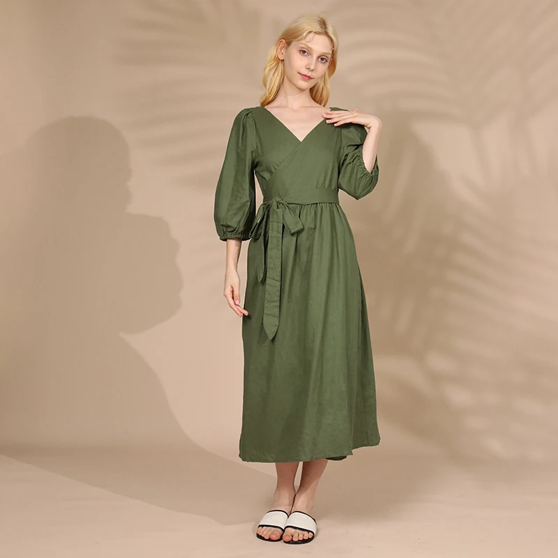 Elegant Cotton Linen Women's Dress Sexy V-Neck Puff Sleeve Bandage Holiday Party Dresses With Sashes Retro Sundress