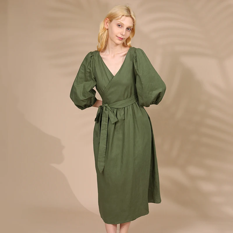 Elegant Cotton Linen Women's Dress Sexy V-Neck Puff Sleeve Bandage Holiday Party Dresses With Sashes Retro Sundress