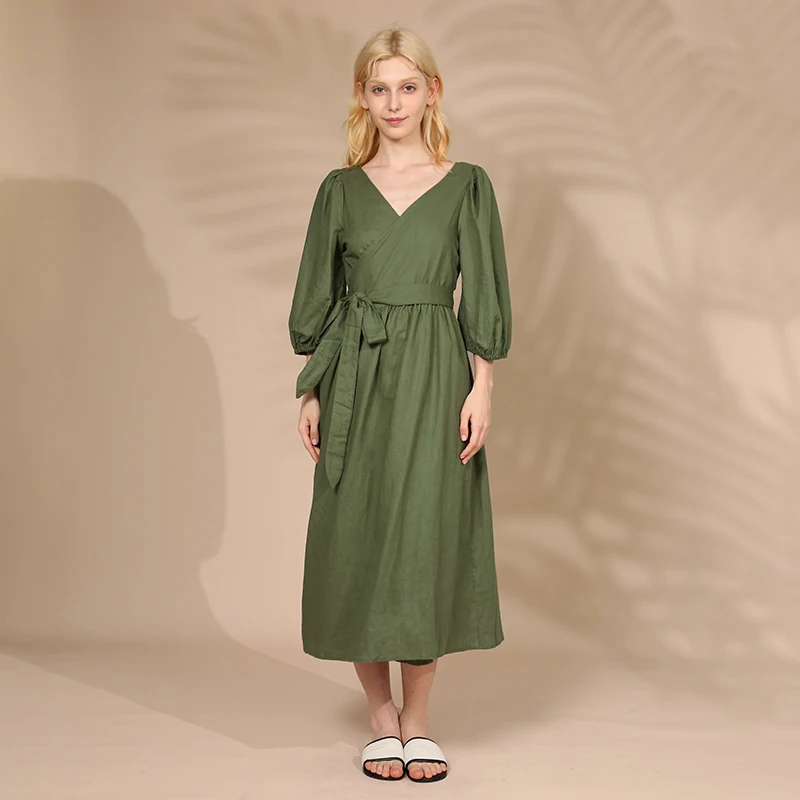 Elegant Cotton Linen Women's Dress Sexy V-Neck Puff Sleeve Bandage Holiday Party Dresses With Sashes Retro Sundress
