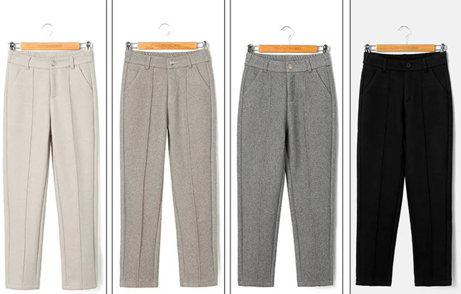 Winter Thicken Woolen Pants Women Casual Plush Velvet Lined Warm Harem Pantalons High Waist Office Wool Blend Straight Trousers