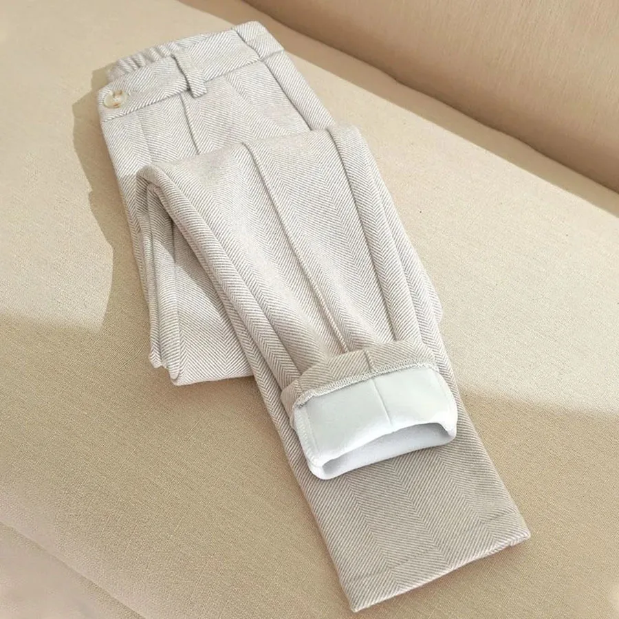 Winter Thicken Woolen Pants Women Casual Plush Velvet Lined Warm Harem Pantalons High Waist Office Wool Blend Straight Trousers