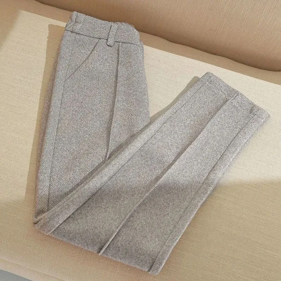 Winter Thicken Woolen Pants Women Casual Plush Velvet Lined Warm Harem Pantalons High Waist Office Wool Blend Straight Trousers