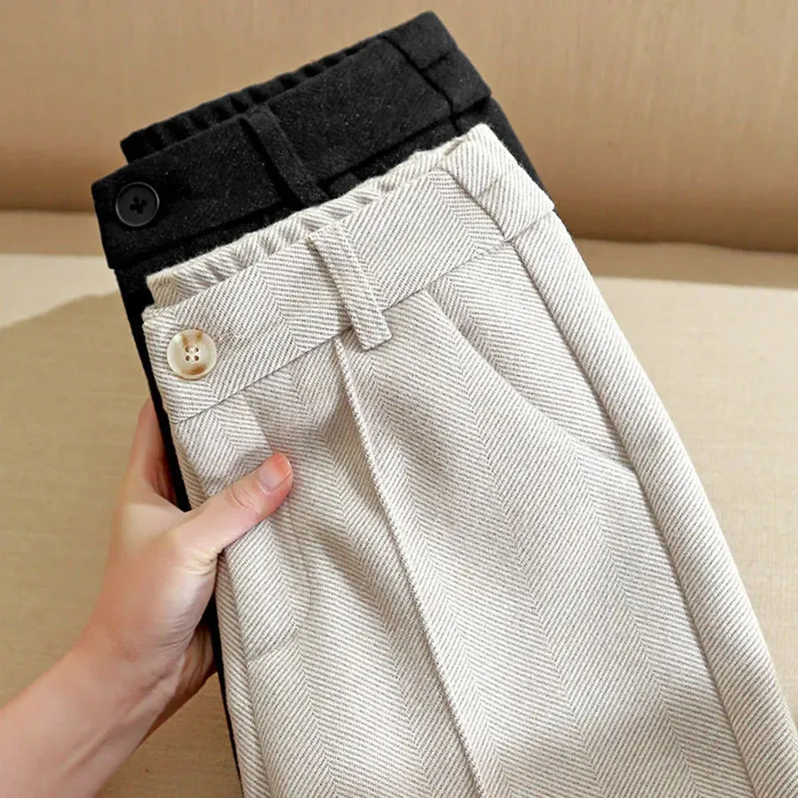 Winter Thicken Woolen Pants Women Casual Plush Velvet Lined Warm Harem Pantalons High Waist Office Wool Blend Straight Trousers