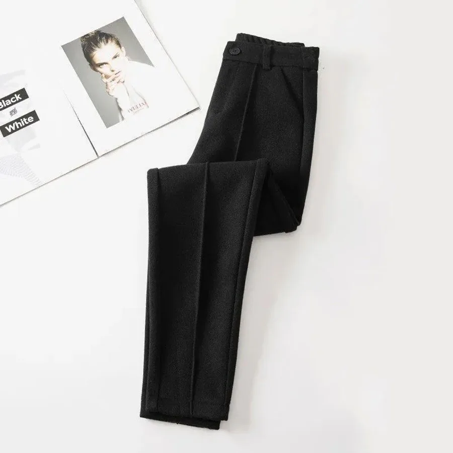 Winter Thicken Woolen Pants Women Casual Plush Velvet Lined Warm Harem Pantalons High Waist Office Wool Blend Straight Trousers