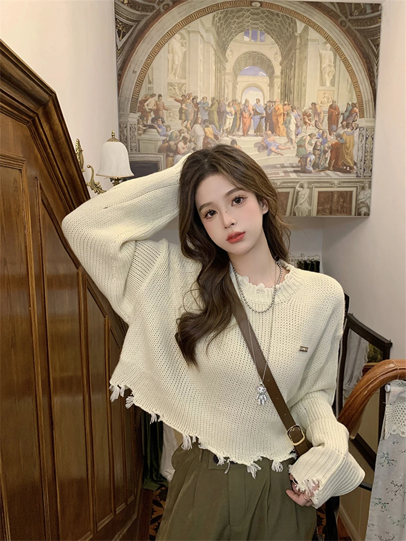 LMQ NEW Short Spicy Girl's Broken Tassel Hole Ripped Knit Sweater Pullovers Women Knitwear Streetwear Hollow Out Sexy Top Jumper