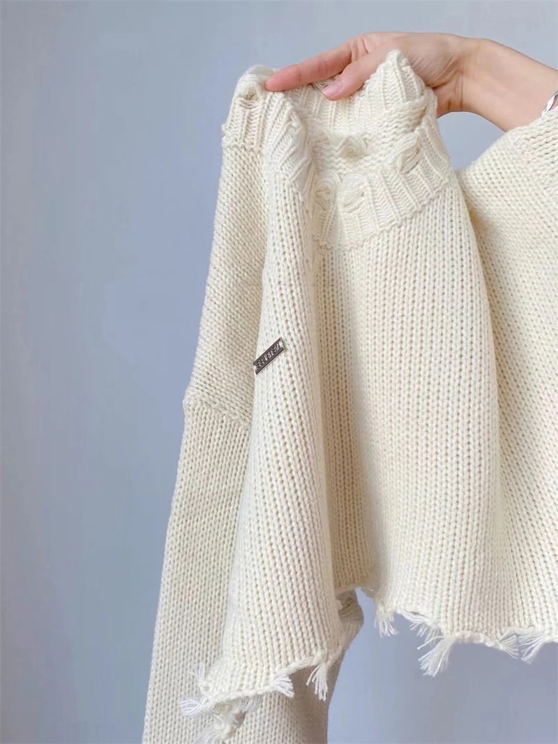 LMQ NEW Short Spicy Girl's Broken Tassel Hole Ripped Knit Sweater Pullovers Women Knitwear Streetwear Hollow Out Sexy Top Jumper