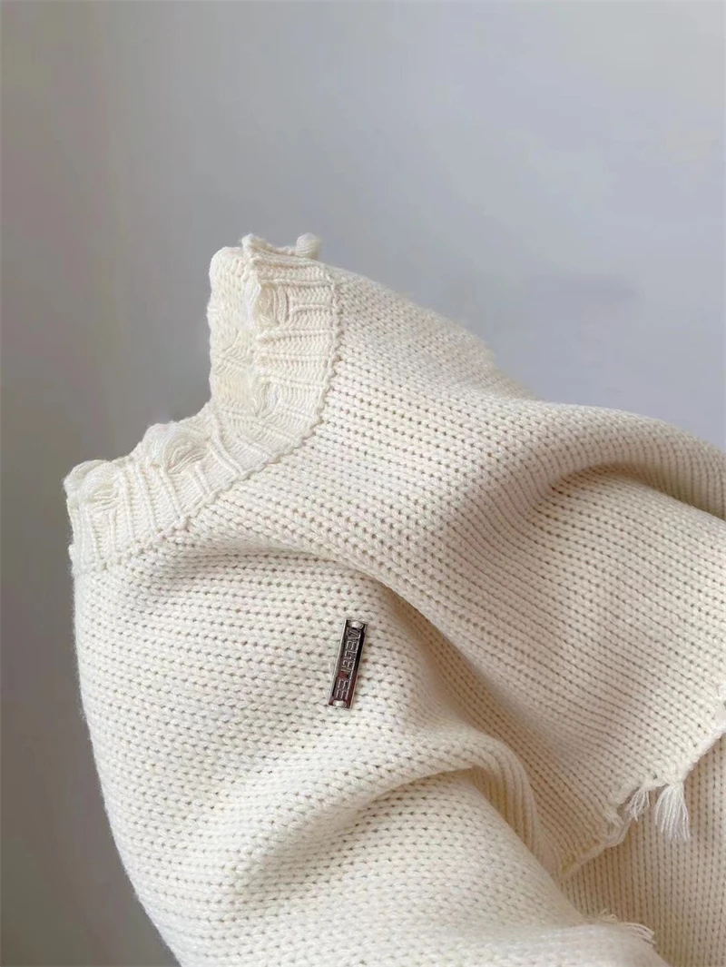 LMQ NEW Short Spicy Girl's Broken Tassel Hole Ripped Knit Sweater Pullovers Women Knitwear Streetwear Hollow Out Sexy Top Jumper