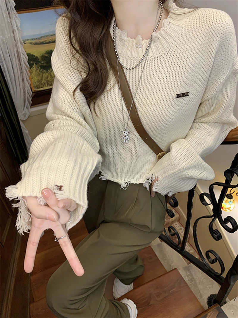 LMQ NEW Short Spicy Girl's Broken Tassel Hole Ripped Knit Sweater Pullovers Women Knitwear Streetwear Hollow Out Sexy Top Jumper