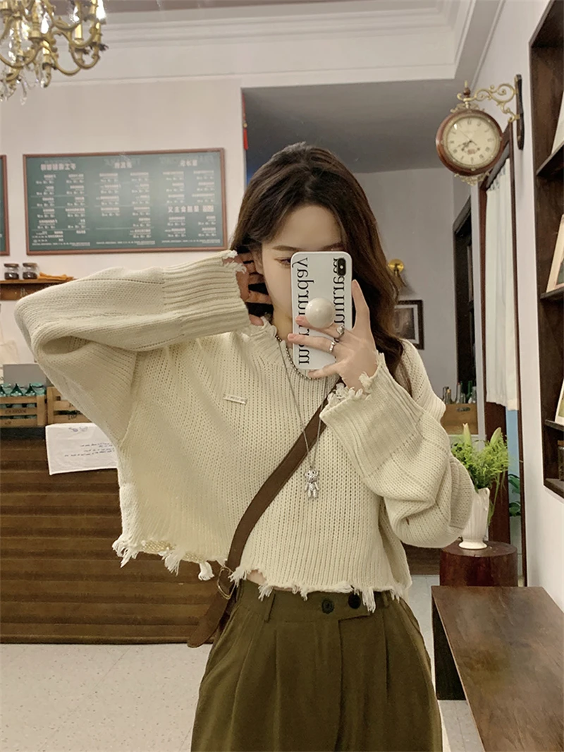 LMQ NEW Short Spicy Girl's Broken Tassel Hole Ripped Knit Sweater Pullovers Women Knitwear Streetwear Hollow Out Sexy Top Jumper