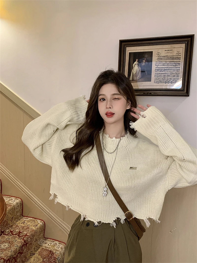 LMQ NEW Short Spicy Girl's Broken Tassel Hole Ripped Knit Sweater Pullovers Women Knitwear Streetwear Hollow Out Sexy Top Jumper