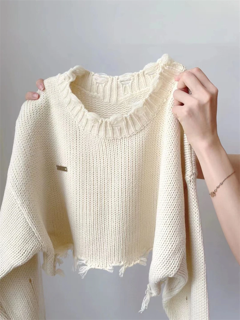 LMQ NEW Short Spicy Girl's Broken Tassel Hole Ripped Knit Sweater Pullovers Women Knitwear Streetwear Hollow Out Sexy Top Jumper