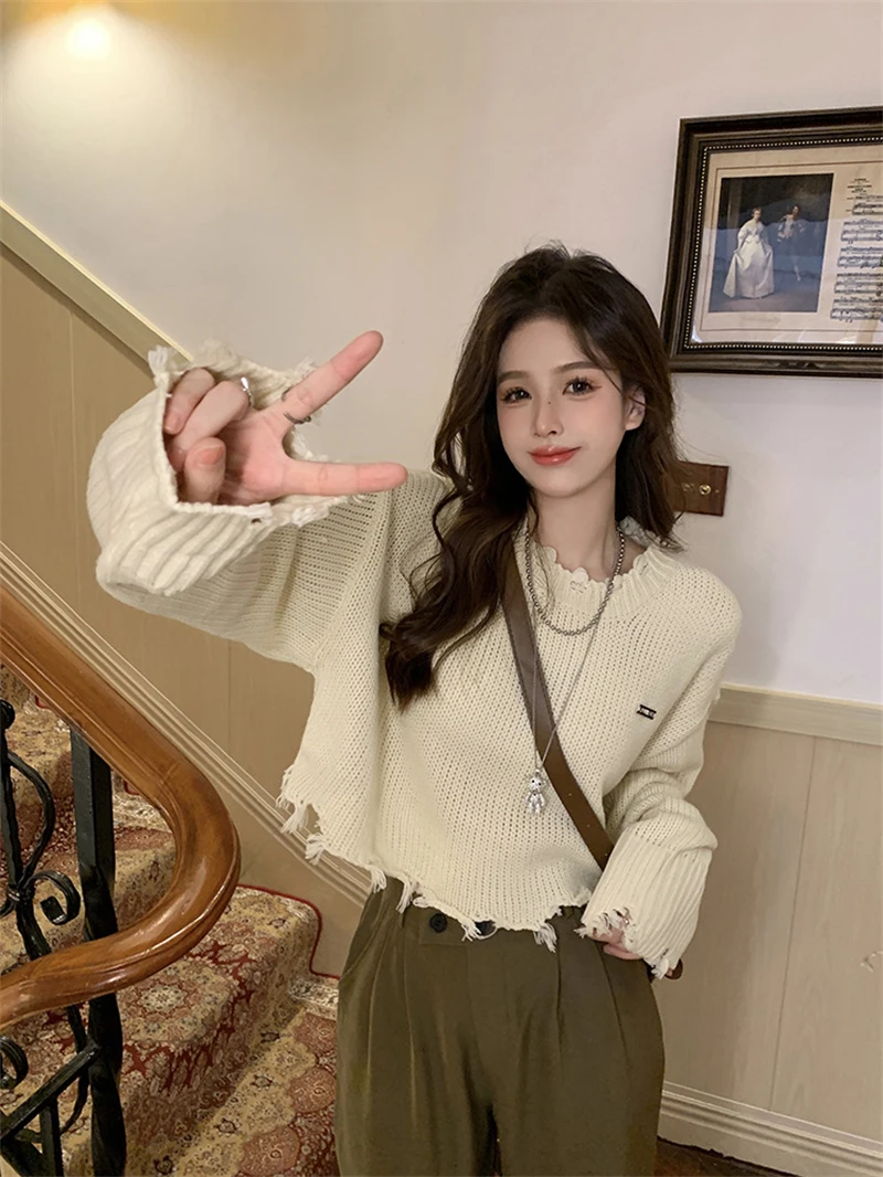 LMQ NEW Short Spicy Girl's Broken Tassel Hole Ripped Knit Sweater Pullovers Women Knitwear Streetwear Hollow Out Sexy Top Jumper