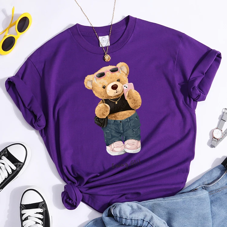 Street Teddy Bear Selfie Swag Girl T-Shirt Vintage Round Neck T-Shirt Vintage Hipster Tshirts Essential Soft Women Tee Shirts