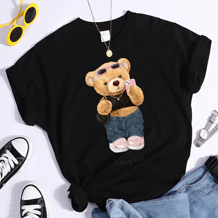 Street Teddy Bear Selfie Swag Girl T-Shirt Vintage Round Neck T-Shirt Vintage Hipster Tshirts Essential Soft Women Tee Shirts