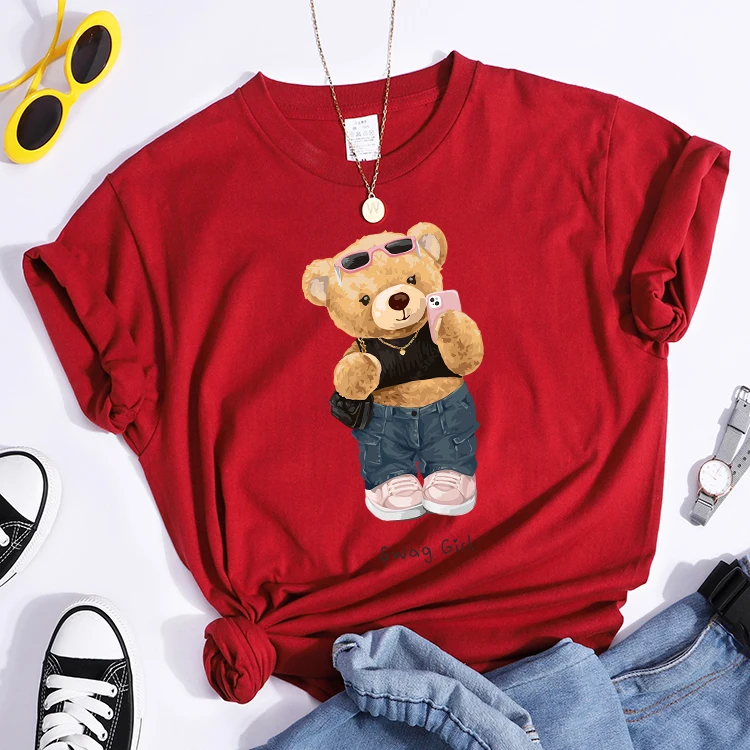 Street Teddy Bear Selfie Swag Girl T-Shirt Vintage Round Neck T-Shirt Vintage Hipster Tshirts Essential Soft Women Tee Shirts