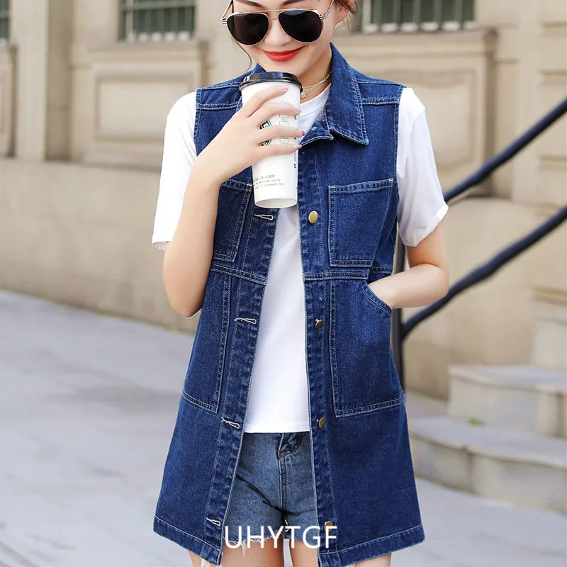 UHYTGF 2023 6XL Denim Vest Women Jacket Single Breasted Sleeveless Autumn Winter Jeans Waistcoat Female Vintage Cowboy Coat 2482