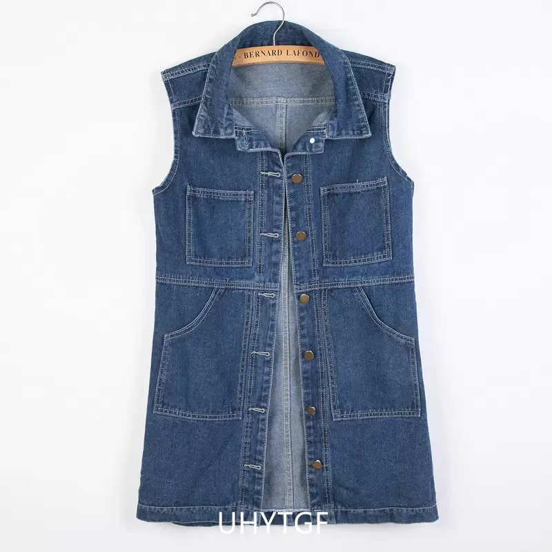 UHYTGF 2023 6XL Denim Vest Women Jacket Single Breasted Sleeveless Autumn Winter Jeans Waistcoat Female Vintage Cowboy Coat 2482