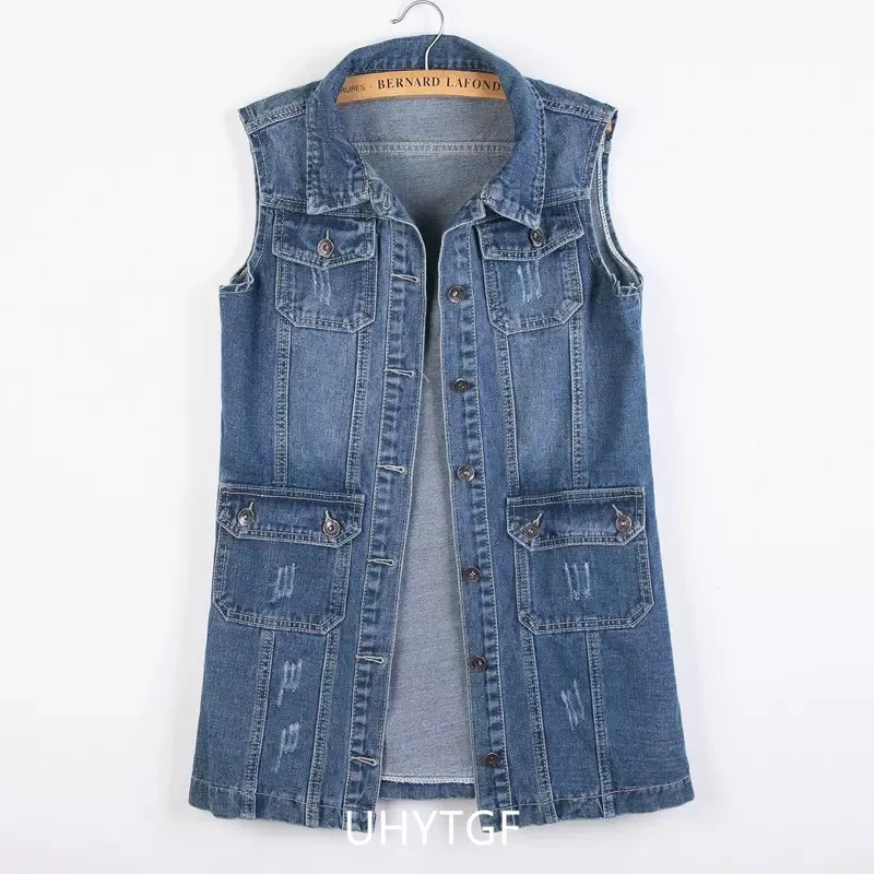 UHYTGF 2023 6XL Denim Vest Women Jacket Single Breasted Sleeveless Autumn Winter Jeans Waistcoat Female Vintage Cowboy Coat 2482