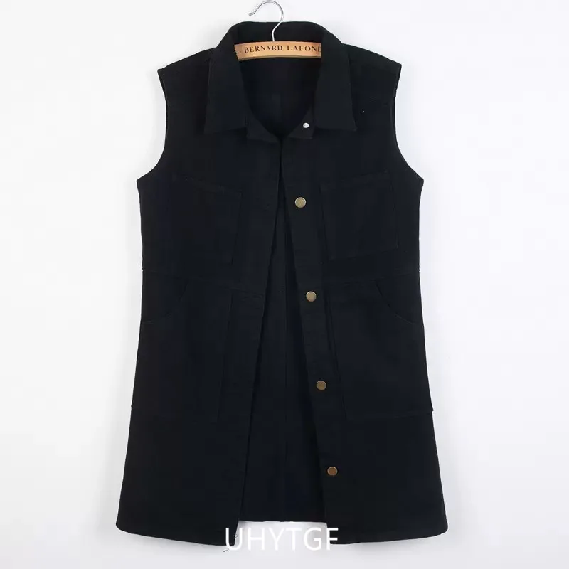 UHYTGF 2023 6XL Denim Vest Women Jacket Single Breasted Sleeveless Autumn Winter Jeans Waistcoat Female Vintage Cowboy Coat 2482