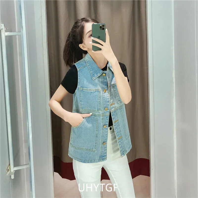 UHYTGF 2023 6XL Denim Vest Women Jacket Single Breasted Sleeveless Autumn Winter Jeans Waistcoat Female Vintage Cowboy Coat 2482