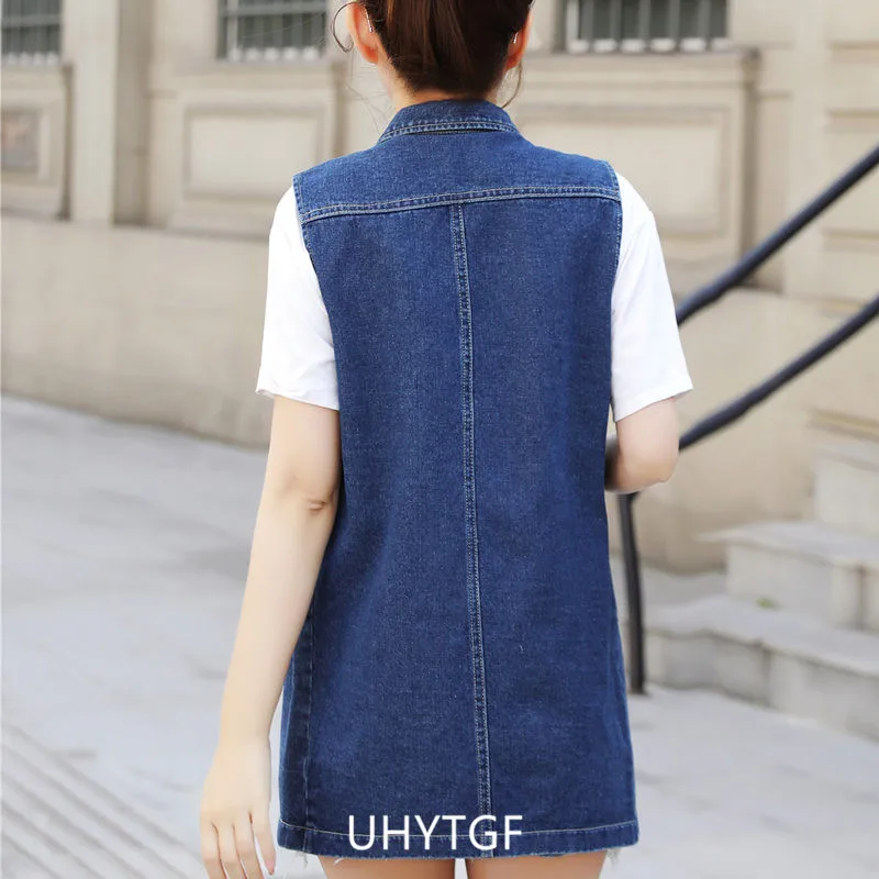 UHYTGF 2023 6XL Denim Vest Women Jacket Single Breasted Sleeveless Autumn Winter Jeans Waistcoat Female Vintage Cowboy Coat 2482
