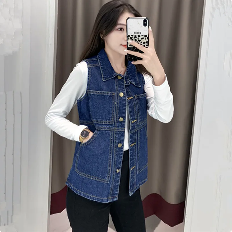 UHYTGF 2023 6XL Denim Vest Women Jacket Single Breasted Sleeveless Autumn Winter Jeans Waistcoat Female Vintage Cowboy Coat 2482