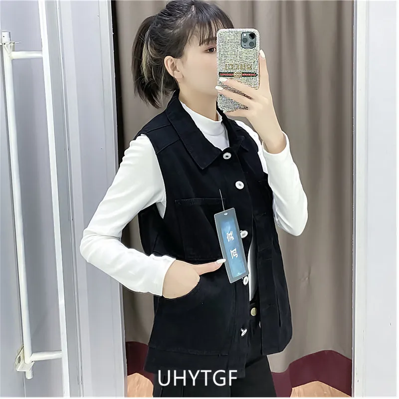 UHYTGF 2023 6XL Denim Vest Women Jacket Single Breasted Sleeveless Autumn Winter Jeans Waistcoat Female Vintage Cowboy Coat 2482