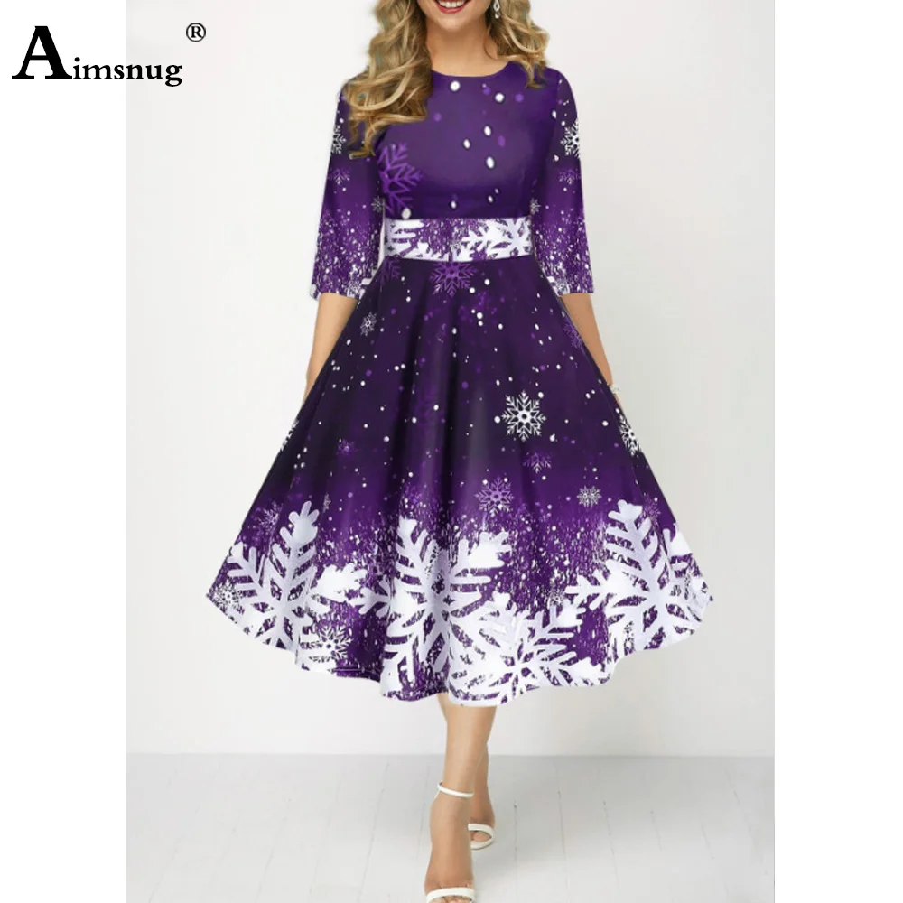 Women Three Quarter Sleeve Dress Loose Vintage Snowflower Print Befree Dress Large Big A-line Party Elegant Mid-Calf Dresses
