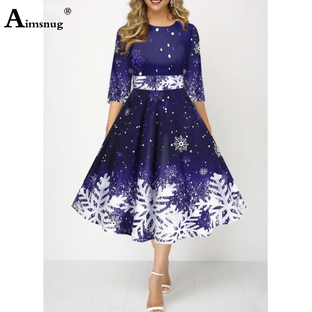 Women Three Quarter Sleeve Dress Loose Vintage Snowflower Print Befree Dress Large Big A-line Party Elegant Mid-Calf Dresses