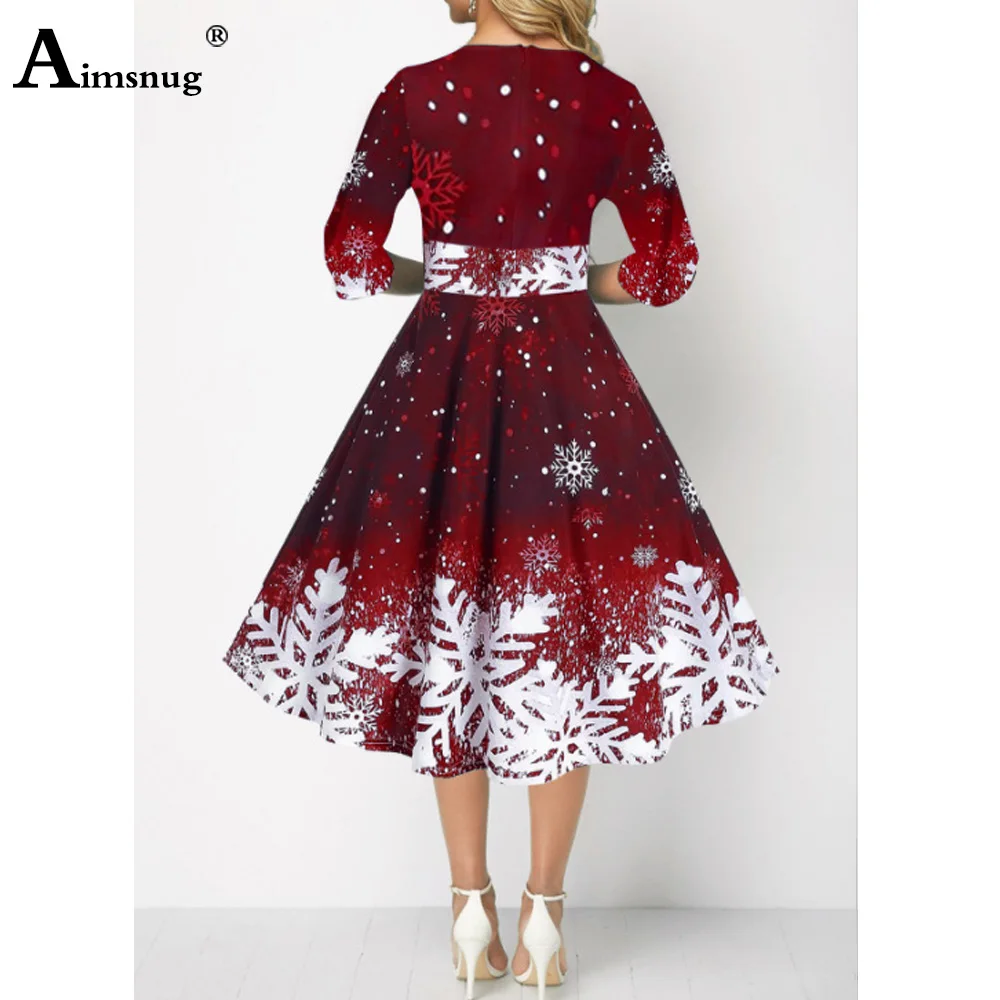 Women Three Quarter Sleeve Dress Loose Vintage Snowflower Print Befree Dress Large Big A-line Party Elegant Mid-Calf Dresses