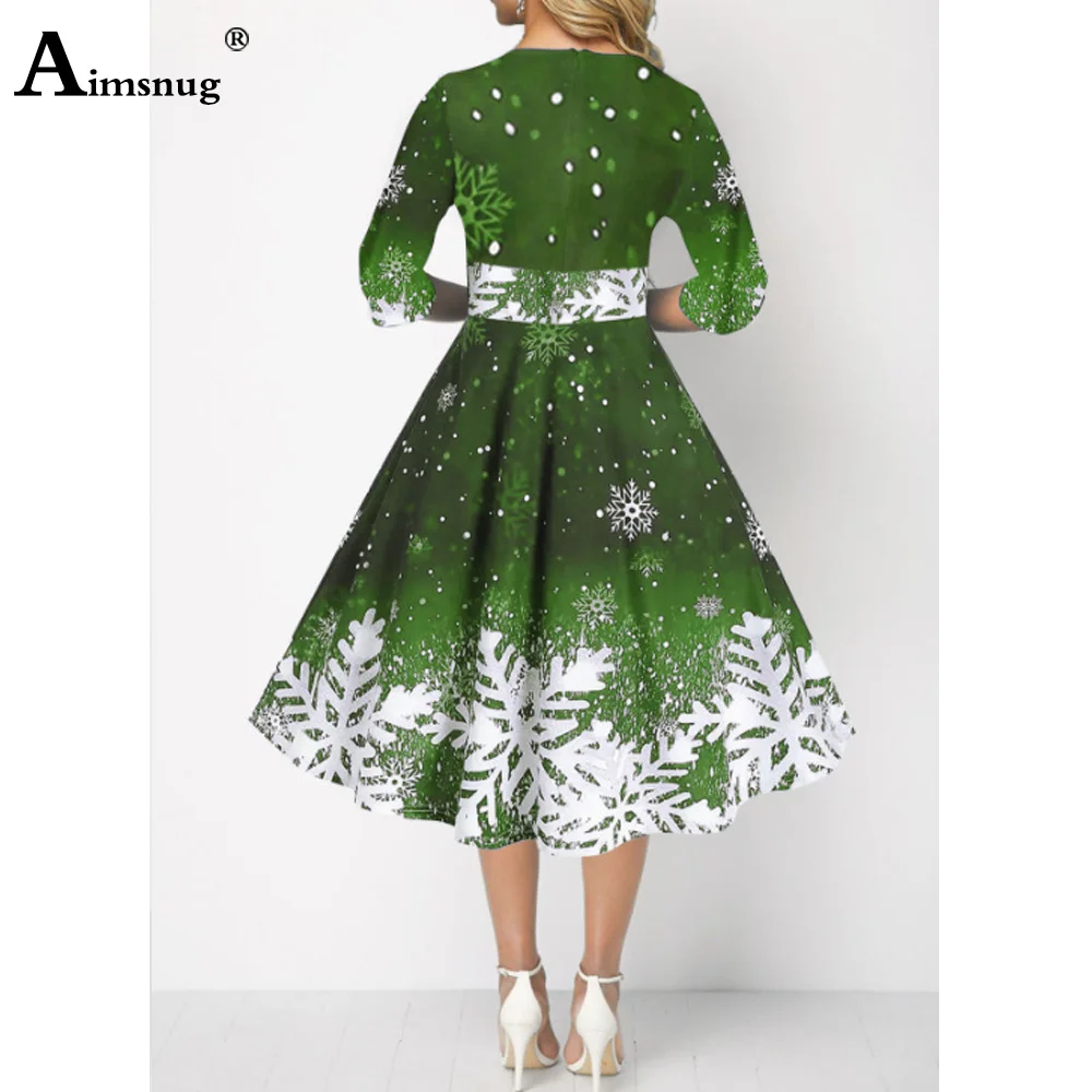 Women Three Quarter Sleeve Dress Loose Vintage Snowflower Print Befree Dress Large Big A-line Party Elegant Mid-Calf Dresses