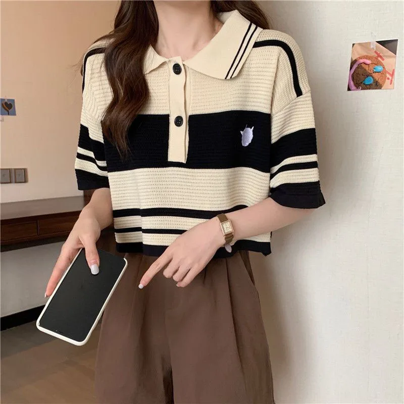 Fashion Thin Short Sleeve T-Shirt Women Summer Loose Turn-Down Collar Knitted Tees Woman Korean Style Pink Colour Striped Blouse