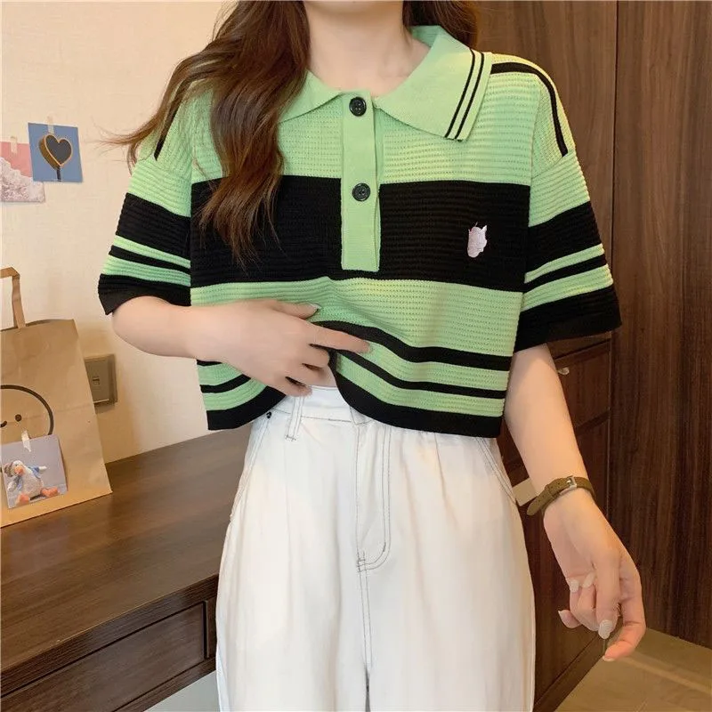 Fashion Thin Short Sleeve T-Shirt Women Summer Loose Turn-Down Collar Knitted Tees Woman Korean Style Pink Colour Striped Blouse