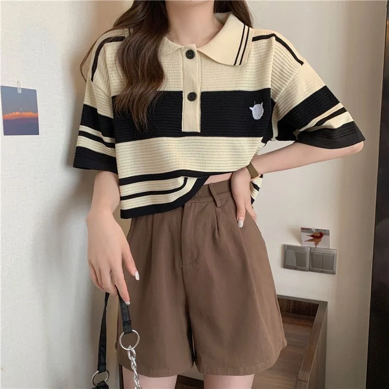 Fashion Thin Short Sleeve T-Shirt Women Summer Loose Turn-Down Collar Knitted Tees Woman Korean Style Pink Colour Striped Blouse