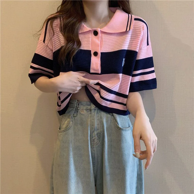 Fashion Thin Short Sleeve T-Shirt Women Summer Loose Turn-Down Collar Knitted Tees Woman Korean Style Pink Colour Striped Blouse