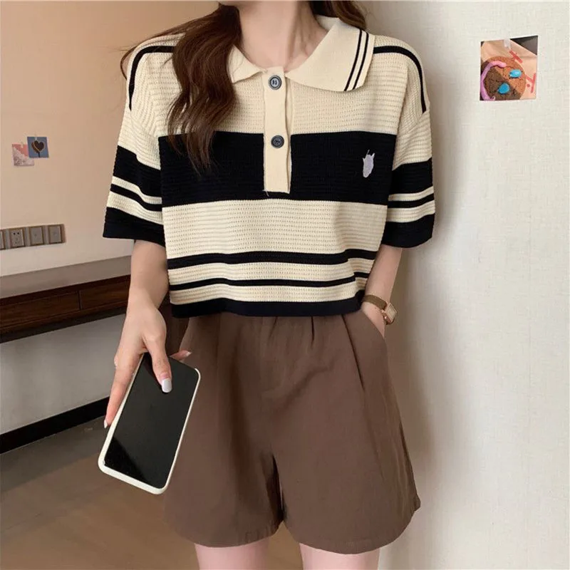 Fashion Thin Short Sleeve T-Shirt Women Summer Loose Turn-Down Collar Knitted Tees Woman Korean Style Pink Colour Striped Blouse